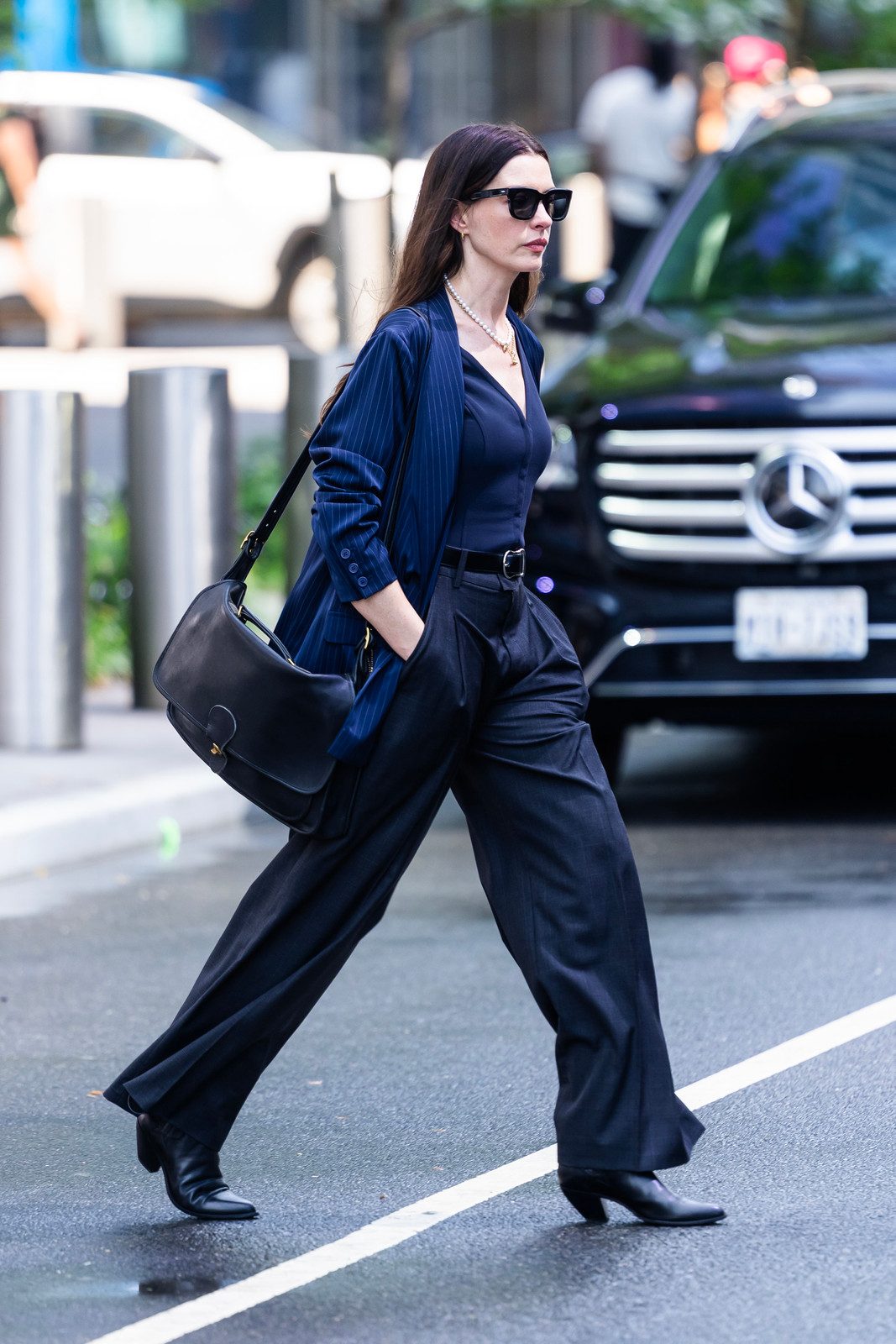 Modern Tailoring: Navy Pinstripe Blazer with Wide-Leg Trousers Modern Tailoring: Navy Pinstripe Blazer with Wide-Leg Trousers — Scene Outfits 2027