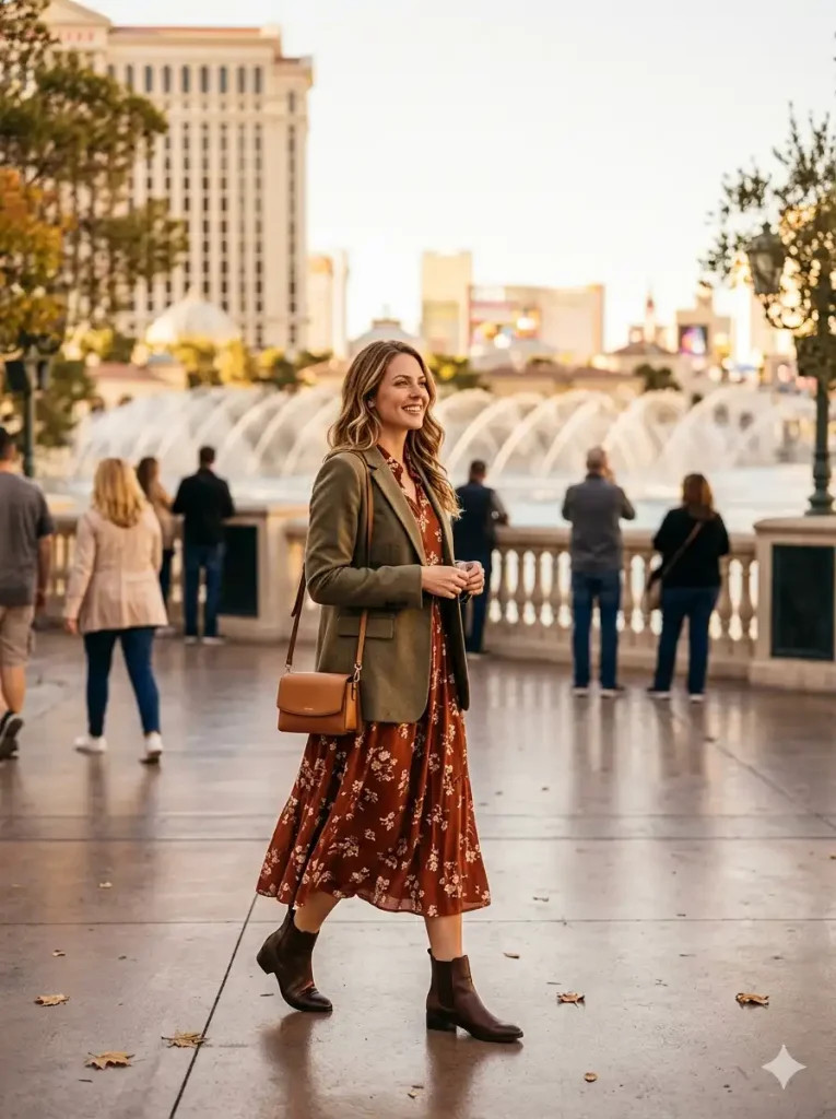 Bohemian Floral Midi Dress with Olive Blazer for Vegas Exploration — Las Vegas Outfits 2027
