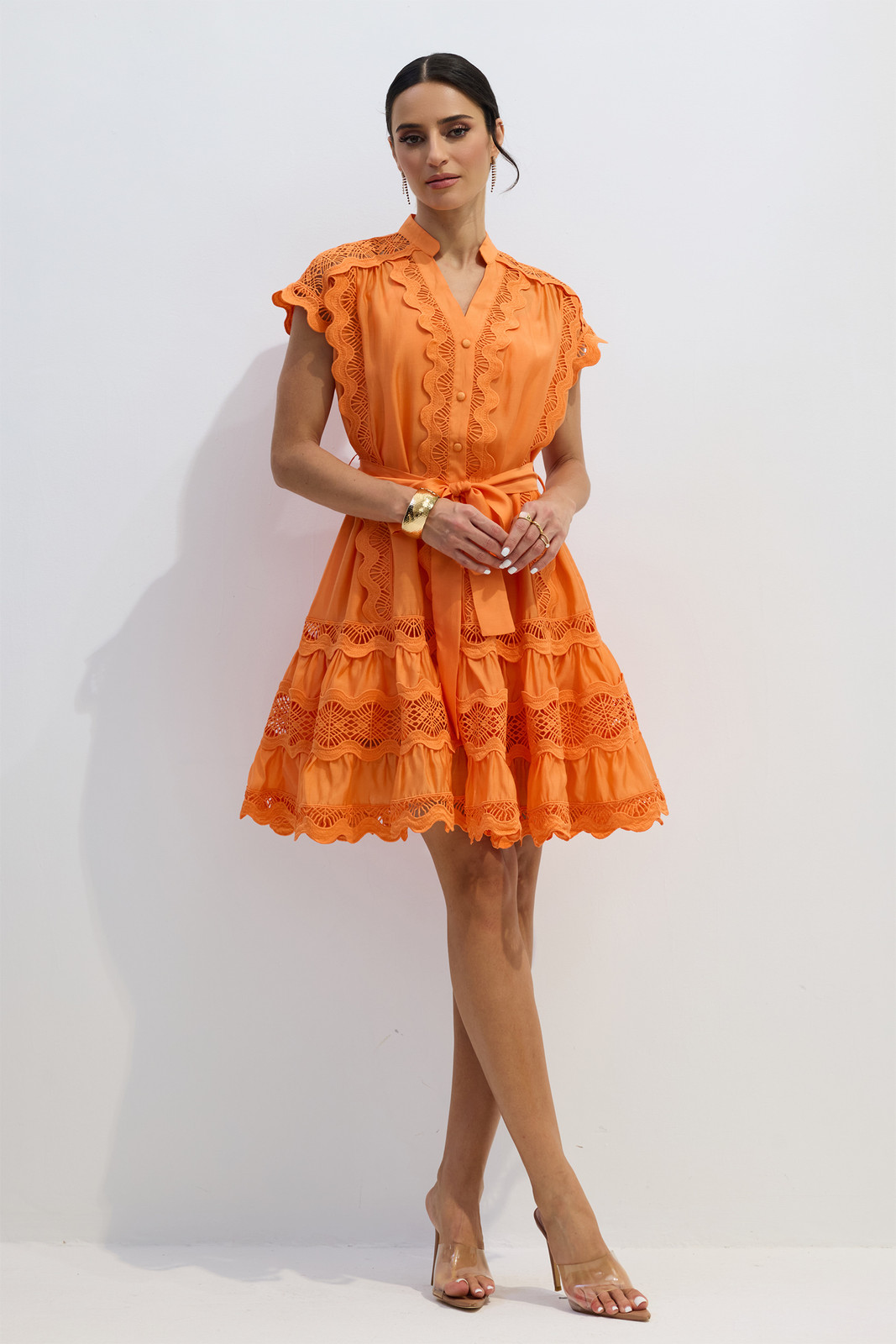 Orange Lace Tiered Mini Dress with Flutter Sleeves and Belt Orange Lace Tiered Mini Dress with Flutter Sleeves and Belt — Tiered Dresses 2027