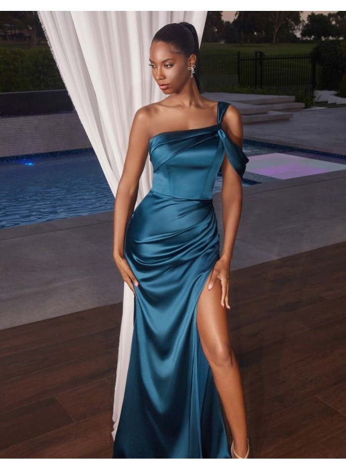 Teal Satin Corset Gown with One-Shoulder Design and Draped Skirt Teal Satin Corset Gown with One-Shoulder Design and Draped Skirt — Corset Prom Dresses 2027