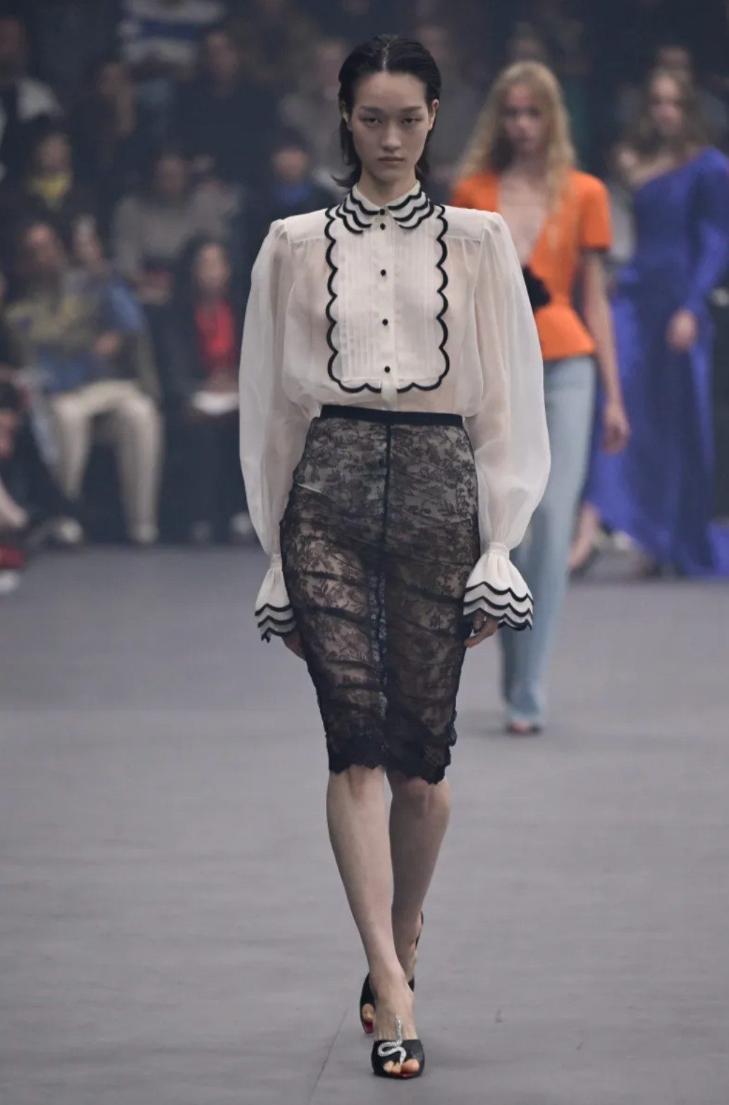 Sheer Ruffled Blouse and Lace Pencil Skirt Sheer Ruffled Blouse and Lace Pencil Skirt — Poetcore Outfits 2027