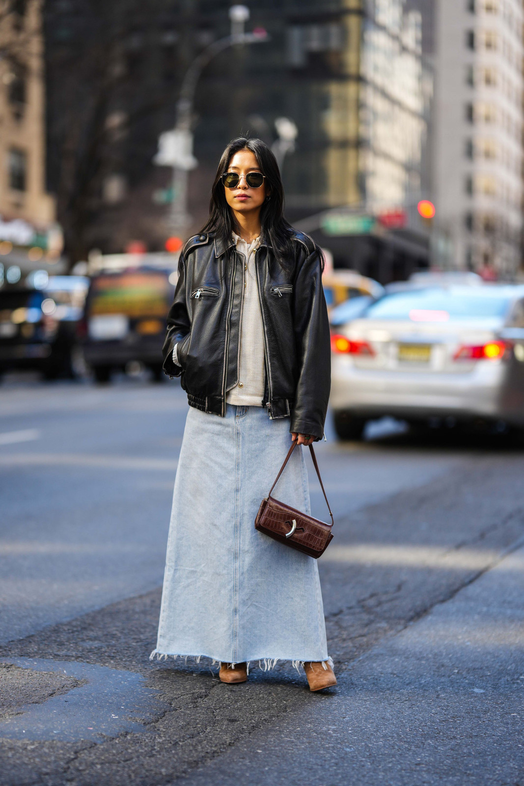 Black Leather Jacket with Denim Maxi Skirt Black Leather Jacket with Denim Maxi Skirt — Aesthetic Outfits 2027