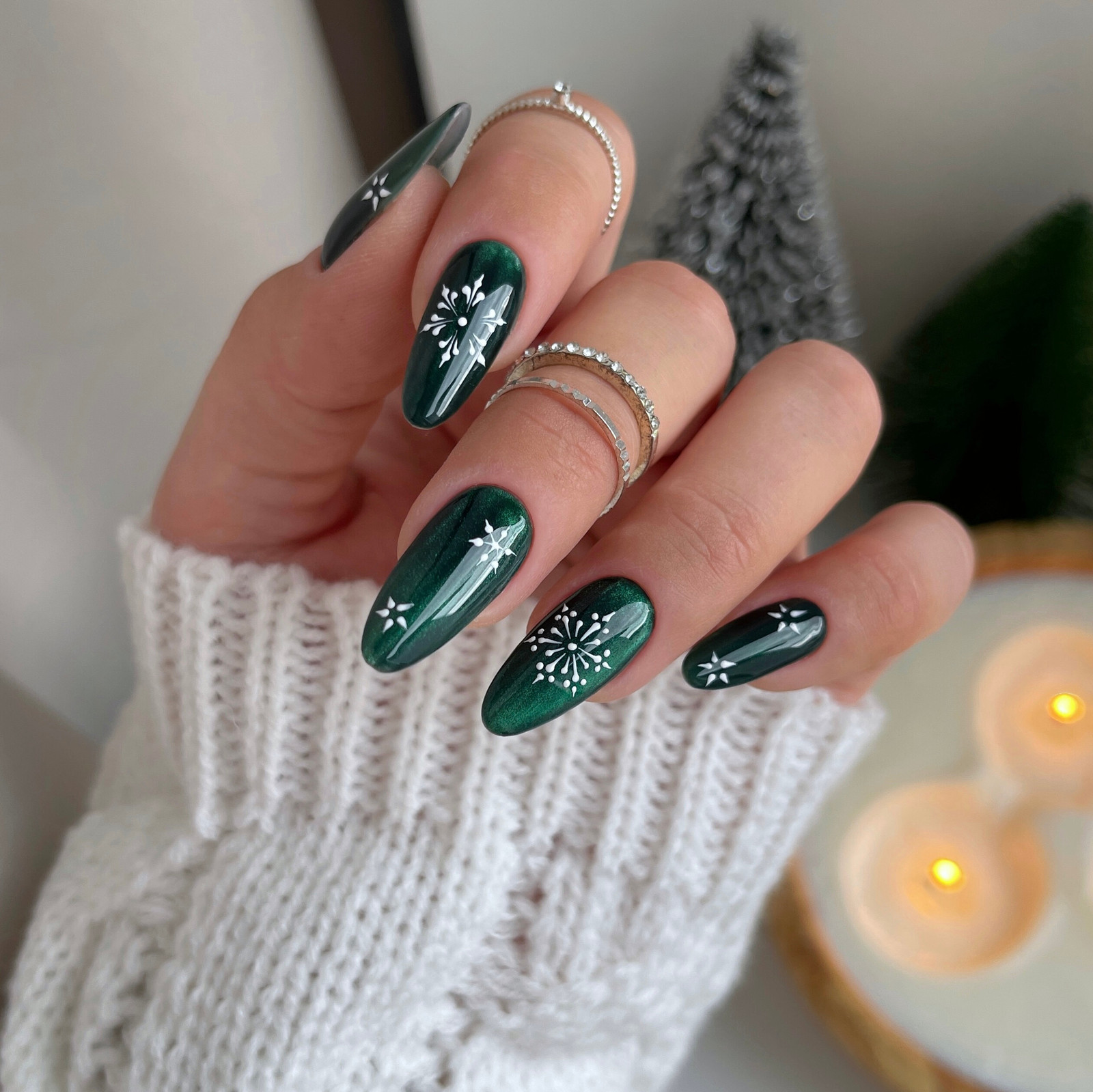 Emerald Snowflake Shimmer Almonds Emerald Snowflake Shimmer Almonds — Winter Nail Trends 2027