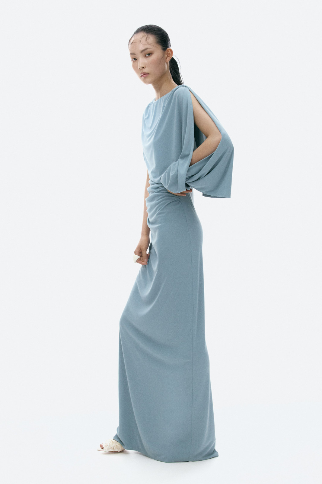 Dusty Blue Maxi Dress with Draped Silhouette and Cape Detail for Evening Dusty Blue Maxi Dress with Draped Silhouette and Cape Detail for Evening — Baby Blue Outfits 2027