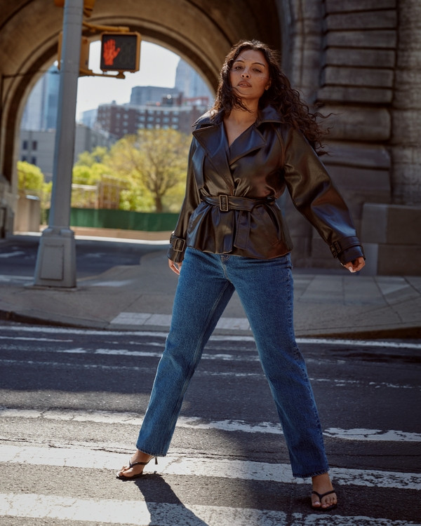 Medium Blue Straight Leg Jeans with Faux Leather Jacket and Thong Sandals Medium Blue Straight Leg Jeans with Faux Leather Jacket and Thong Sandals — Straight Leg Jeans 2027