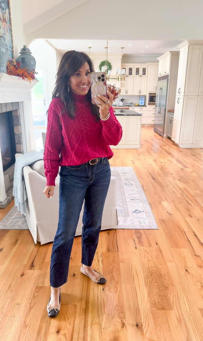 Fuchsia Cable-Knit Sweater with Dark Wash Straight Leg Jeans Fuchsia Cable-Knit Sweater with Dark Wash Straight Leg Jeans — Sweater and Jeans Outfits 2027