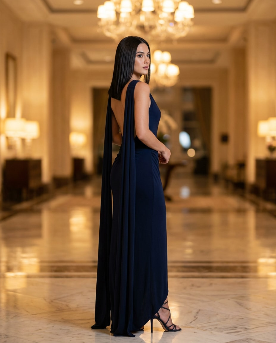 Navy Floor-Length Gown with Draped Shoulder Panels and Black Heels Navy Floor-Length Gown with Draped Shoulder Panels and Black Heels — Backless Dresses 2027