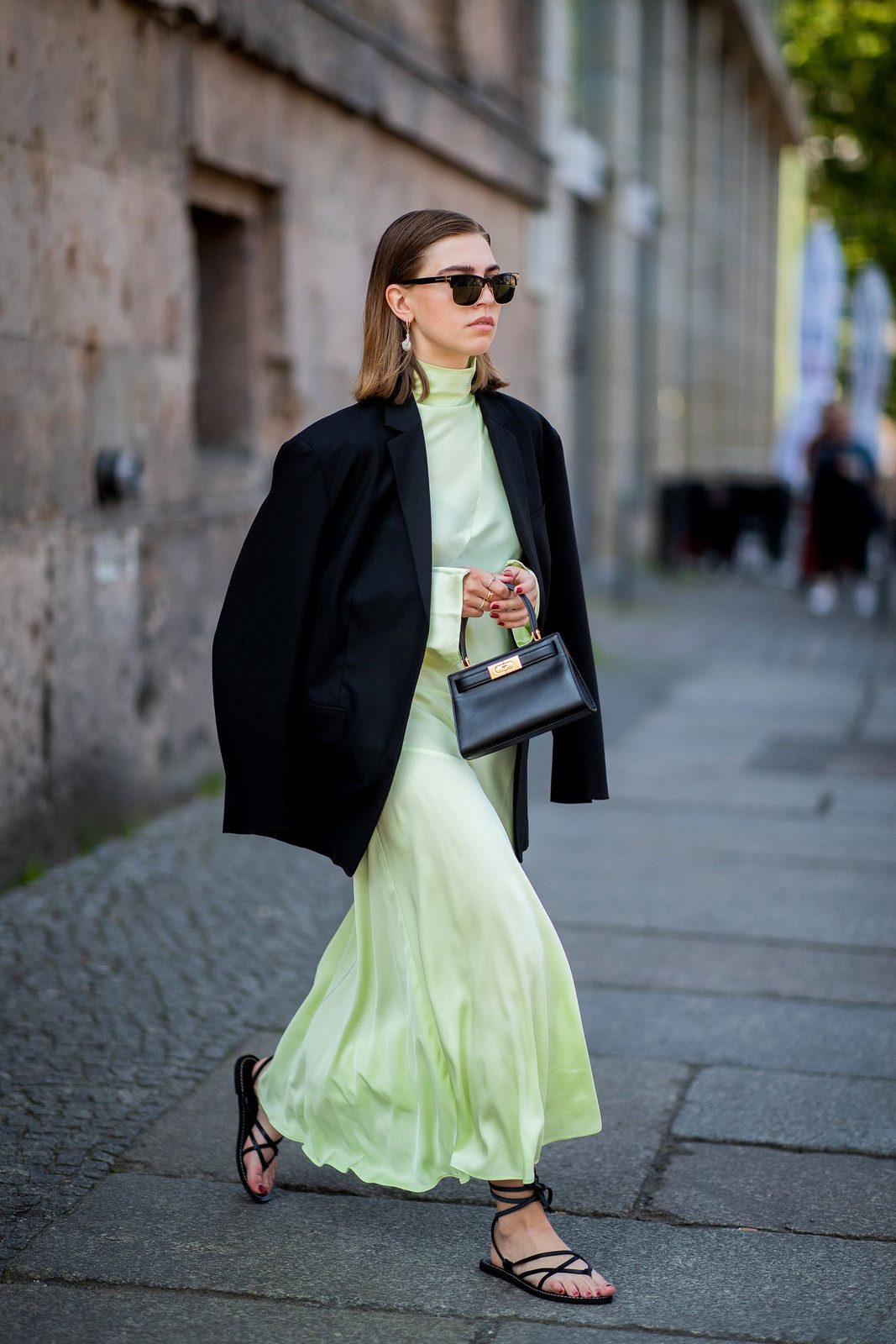 Lime Green Dress and Oversized Blazer with Black Flat Sandals Lime Green Dress and Oversized Blazer with Black Flat Sandals — Summer Outfits 2027 with Sandals