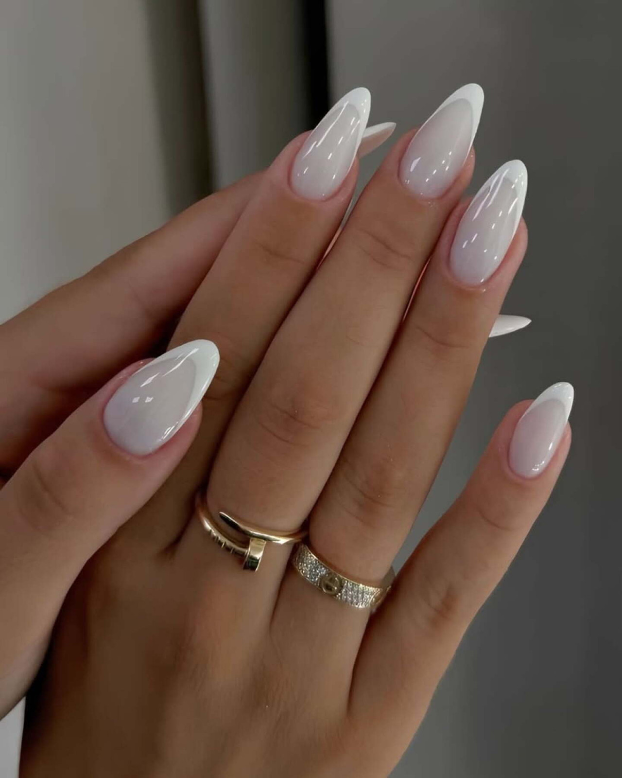 High Gloss Classic Milky White French — Prom Almond Nails 2027