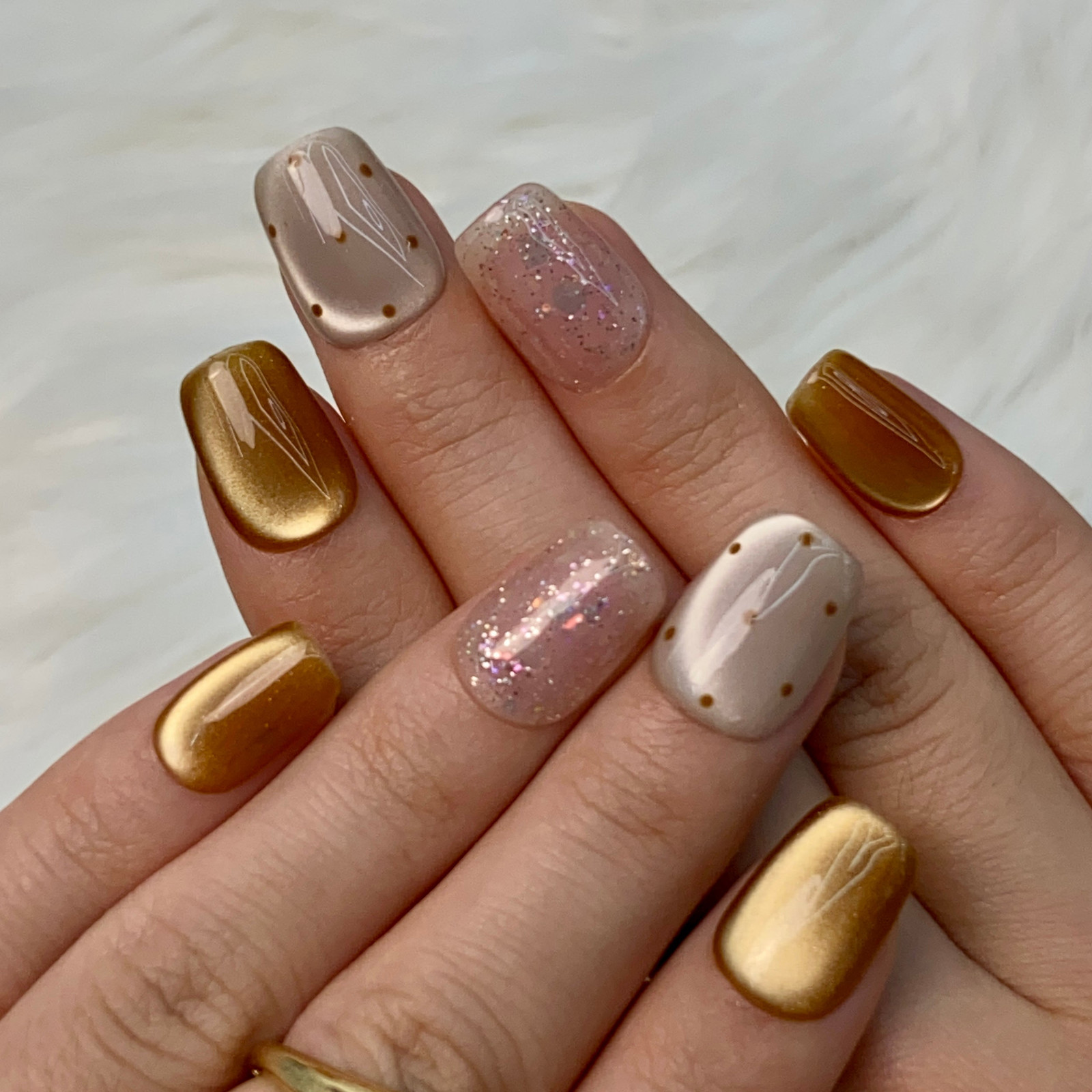 Short Square Gold Chrome and Beige Dots Short Square Gold Chrome and Beige Dots — Gold Christmas Nails 2026