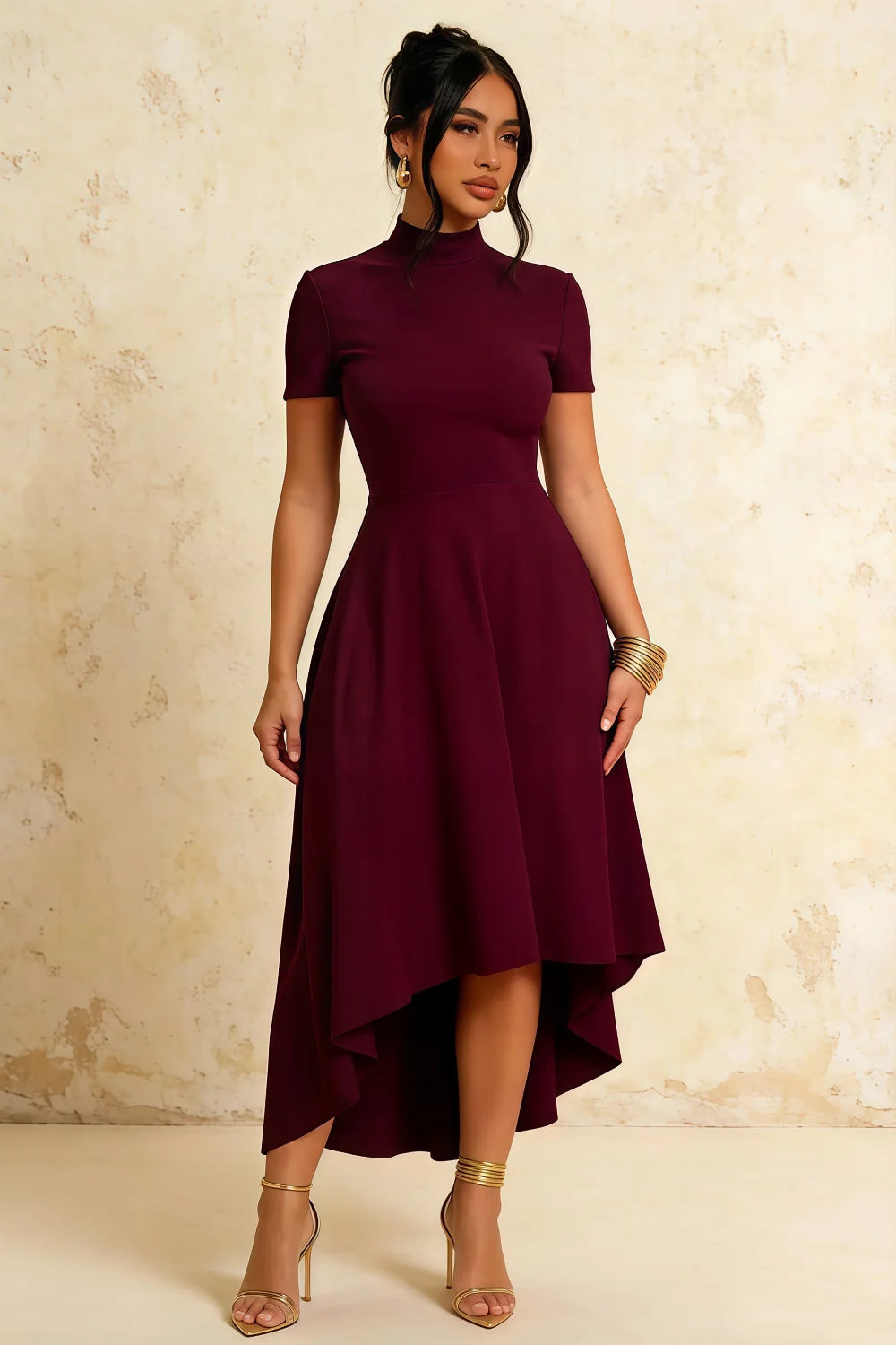 Fitted Bodice Flared High-Low Skirt Burgundy Mock Neck Midi Dress with High-Low Hem Fitted Bodice Flared High-Low Skirt Burgundy Mock Neck Midi Dress with High-Low Hem — Modest Dresses 2027