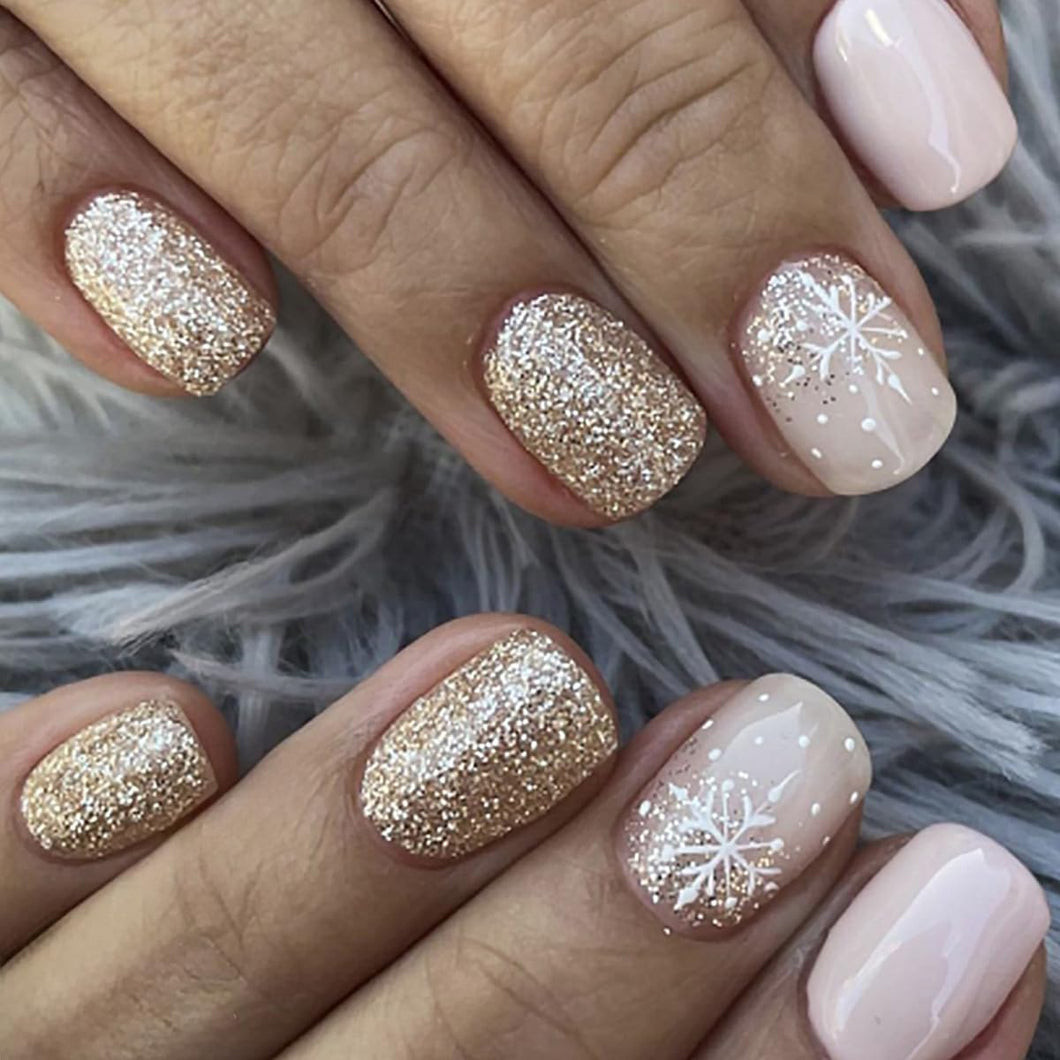 Short Gold Glitter Snowflake Nails Short Gold Glitter Snowflake Nails — Christmas Square Nails 2026