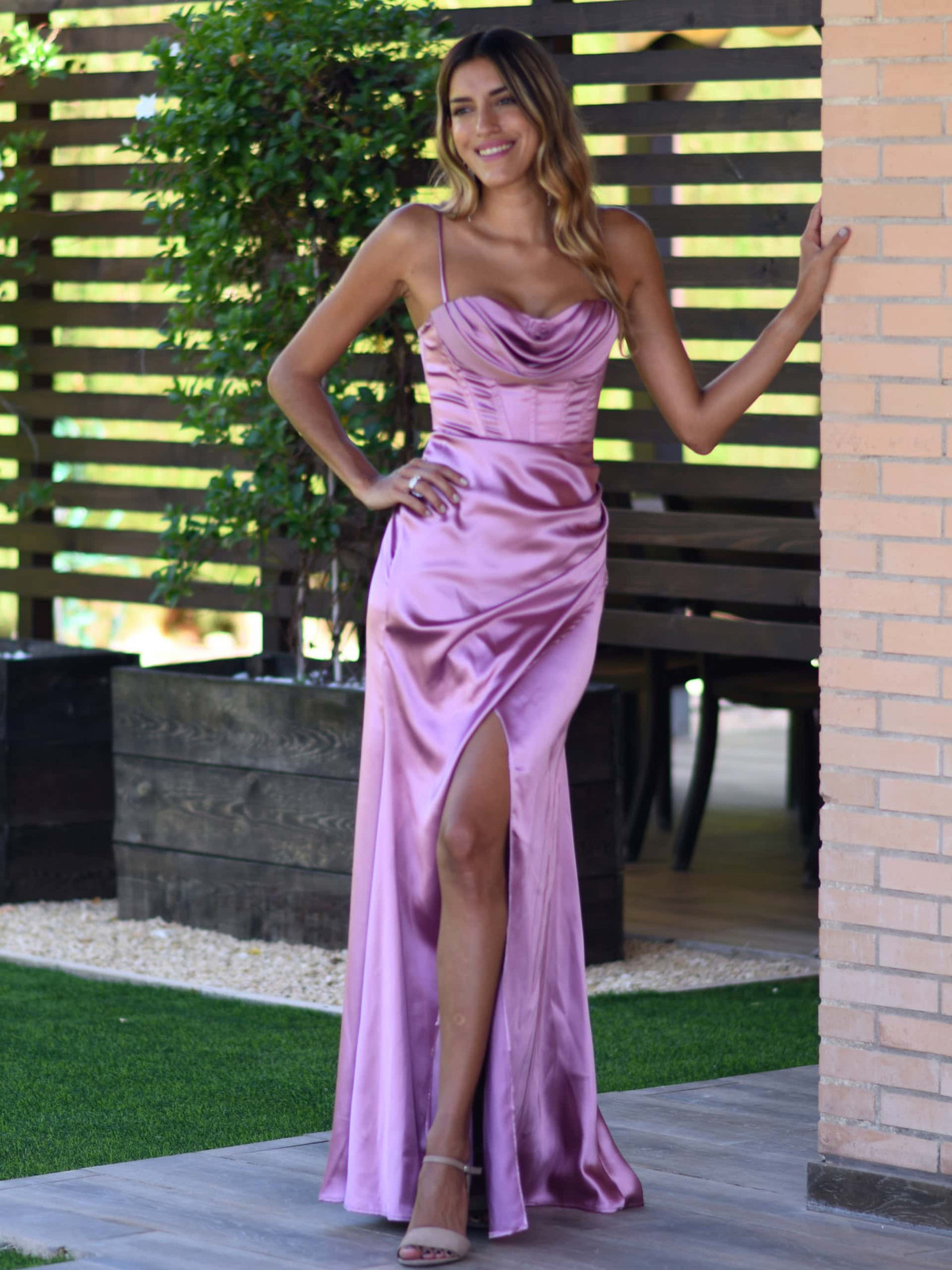 Lilac Satin Corset Gown with Draped Cowl Neckline and High Slit Lilac Satin Corset Gown with Draped Cowl Neckline and High Slit — Corset Prom Dresses 2027