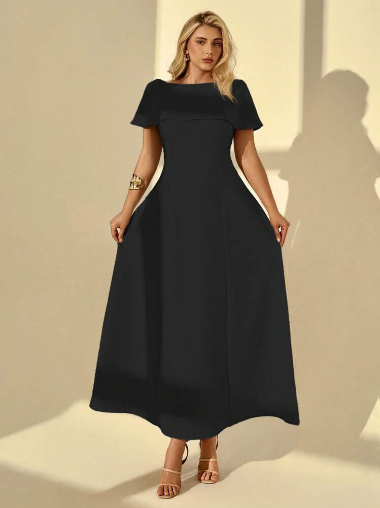 Classic Black A-line Midi Dress with Boat Neckline Classic Black A-line Midi Dress with Boat Neckline — Church Dresses 2027