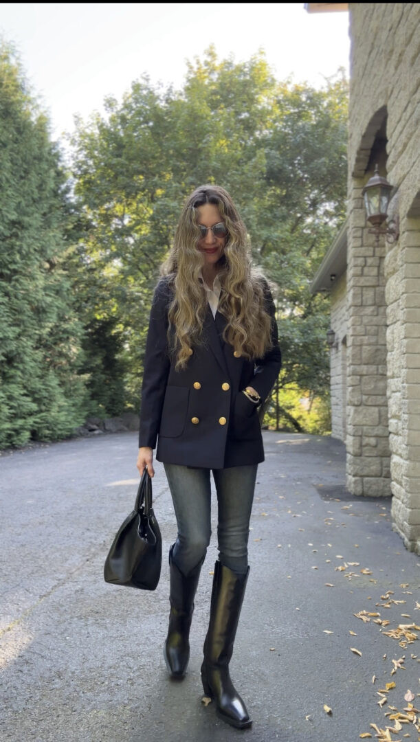 Fitted Skinny Jeans with Navy Blazer and Knee-High Boots — Scene Skinny Jeans Outfits 2027