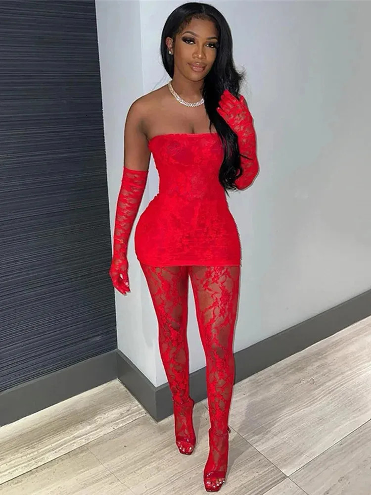 All-Over Lace: Red Mini Dress and Matching Lace Tights — Sheer Tights Outfits 2027