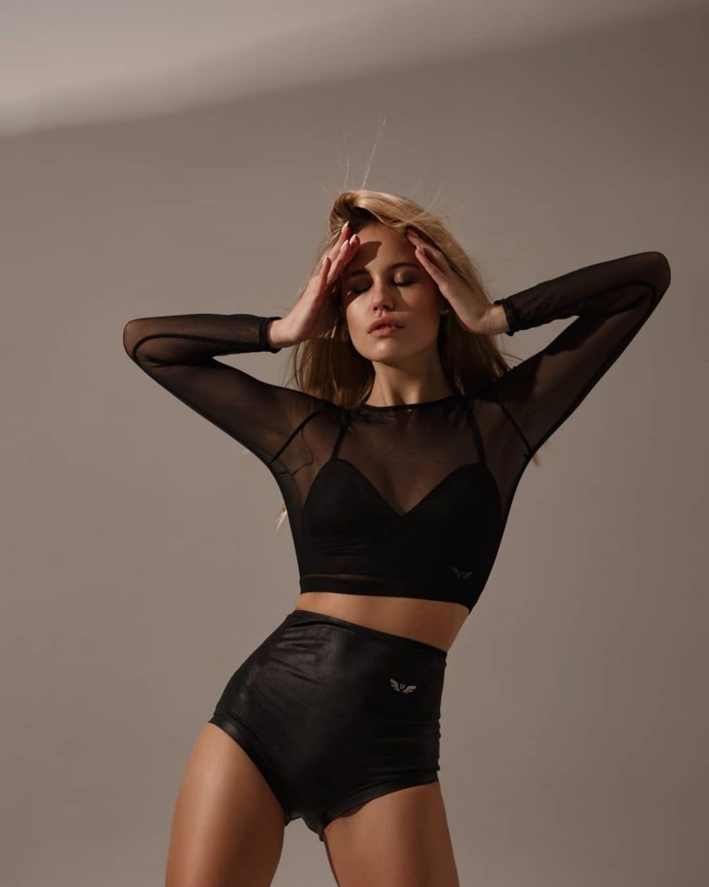Printed Mesh Crop Top With Faux Leather Shorts — Mesh Top Outfits 2027