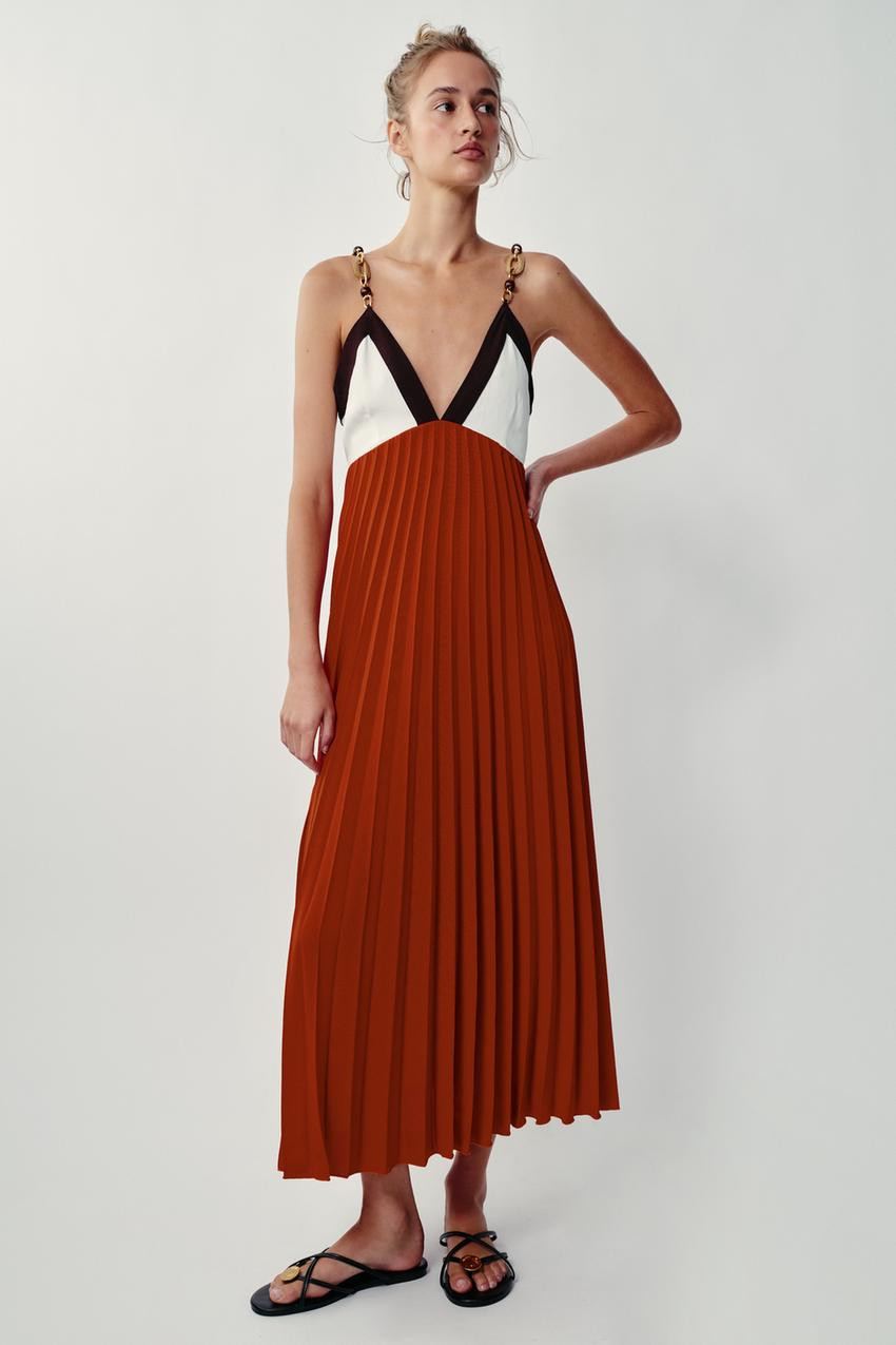 Rust Orange, White, and Black Pleated Midi Dress Rust Orange, White, and Black Pleated Midi Dress — Pleated Dress 2027