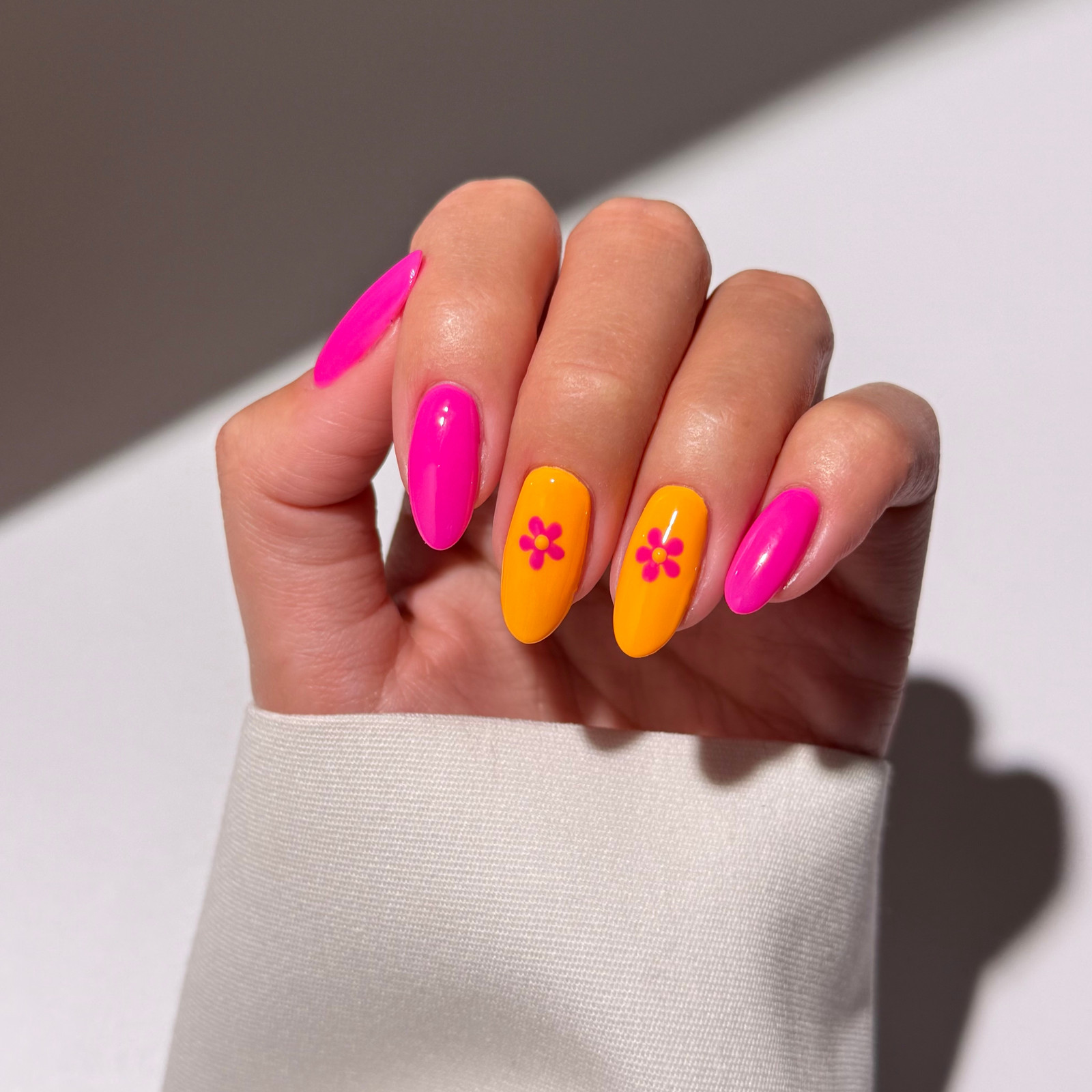 Hot Pink Orange Flower Medium Almond Nails — Nails 2027 for Teens