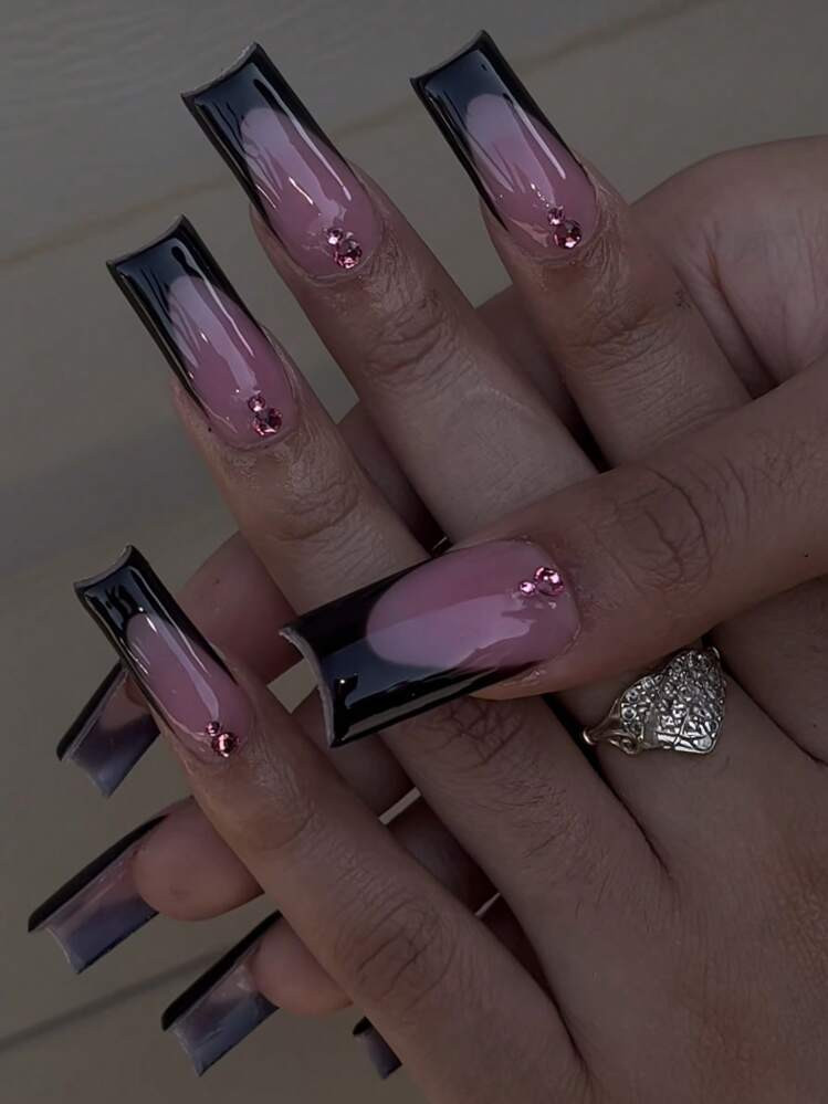 Matte Black and Glossy French Nails with Gems — Close-Up Take Matte Black and Glossy French Nails with Gems — Close-Up Take — Gothic Coffin Nails 2027