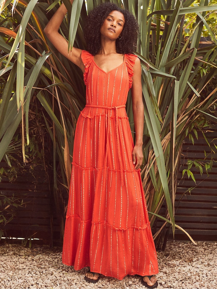 Orange Maxi Dress with Gold Metallic Stripes and Tiered Skirt Orange Maxi Dress with Gold Metallic Stripes and Tiered Skirt — Tiered Dresses 2027