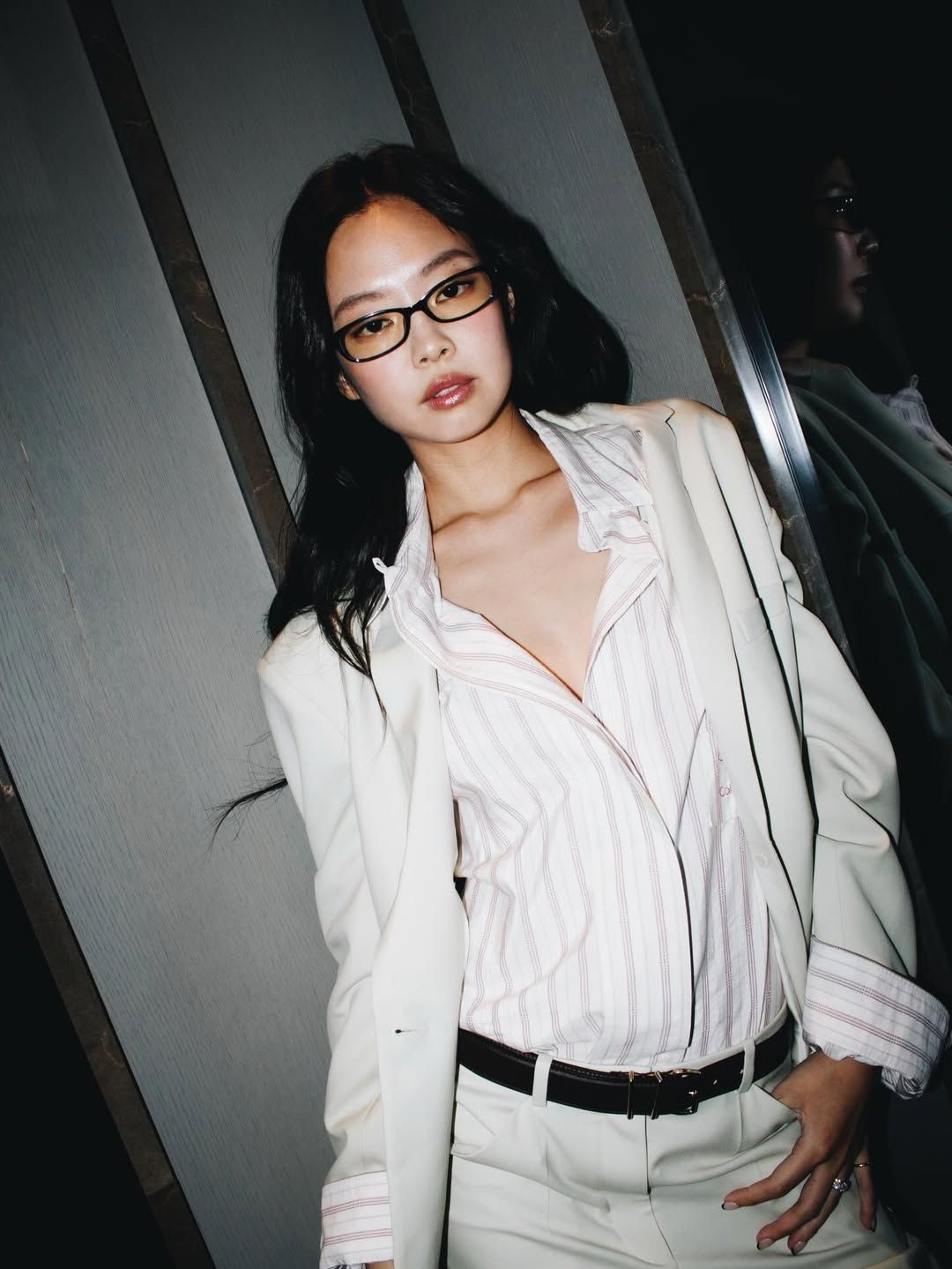 Oversized Cream Blazer with Striped Shirt and Trousers Oversized Cream Blazer with Striped Shirt and Trousers — Poetcore Outfits 2027