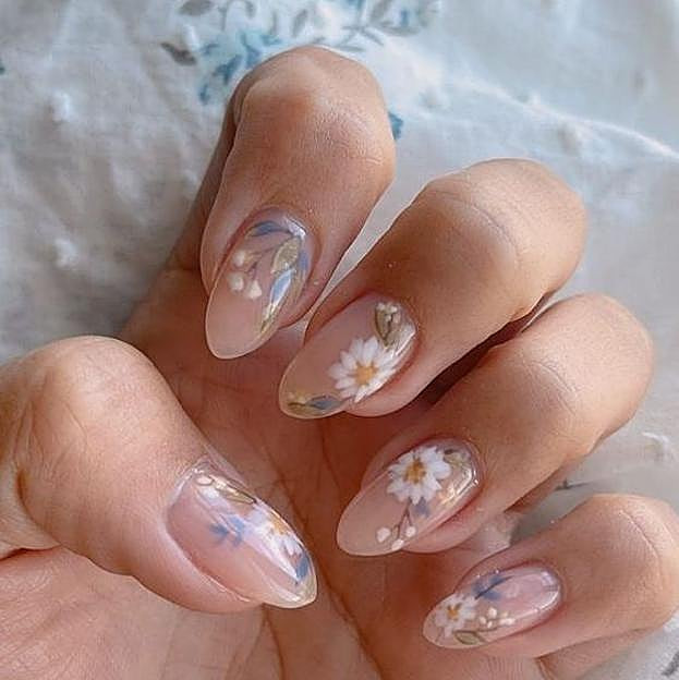 Delicate Daisy Sheer Nude Almond Nails Delicate Daisy Sheer Nude Almond Nails — Spring Floral Nails 2027