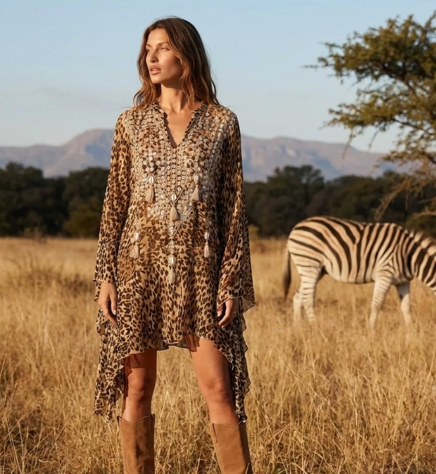 Leopard Print Tunic Dress with Suede Boots for a Safari Vibe Leopard Print Tunic Dress with Suede Boots for a Safari Vibe — Savannah Outfits 2027