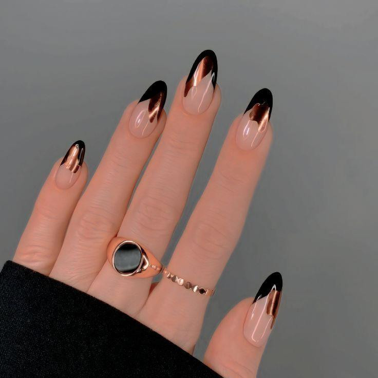 Black French Tips with Copper Accents Black French Tips with Copper Accents — Dark Nails 2027