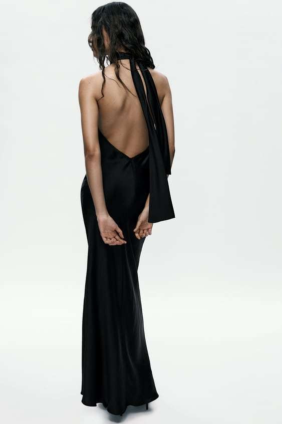 Fitted Black Satin Gown with Plunging Scarf Tie Back Fitted Black Satin Gown with Plunging Scarf Tie Back — Backless Dresses 2027