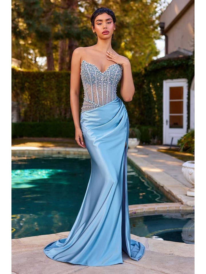 Light Blue Satin Corset Dress with Heavy Beading and Mermaid Silhouette Light Blue Satin Corset Dress with Heavy Beading and Mermaid Silhouette — Corset Prom Dresses 2027