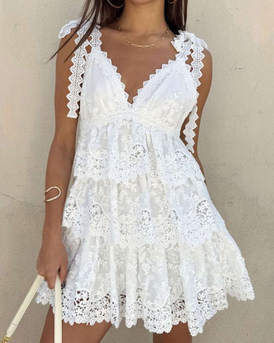 White Tiered Lace Mini Dress with V-Neckline White Tiered Lace Mini Dress with V-Neckline — Tiered Dresses 2027