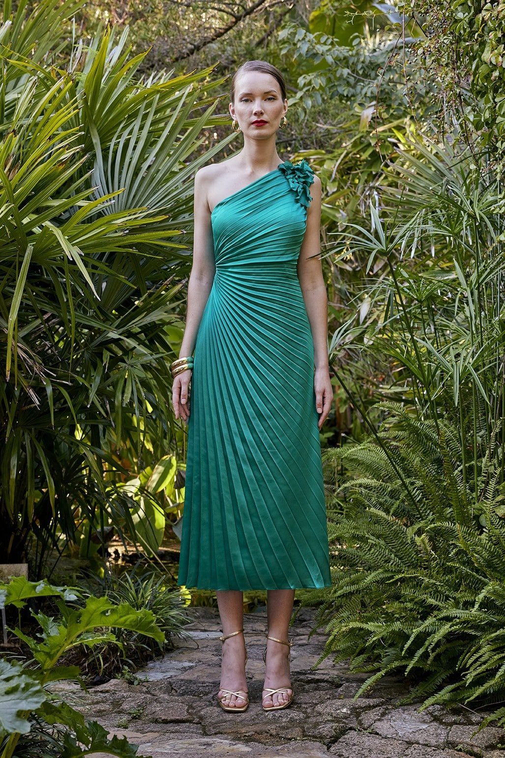 Emerald Green One-Shoulder Pleated Dress with Floral Applique Emerald Green One-Shoulder Pleated Dress with Floral Applique — Pleated Dress 2027