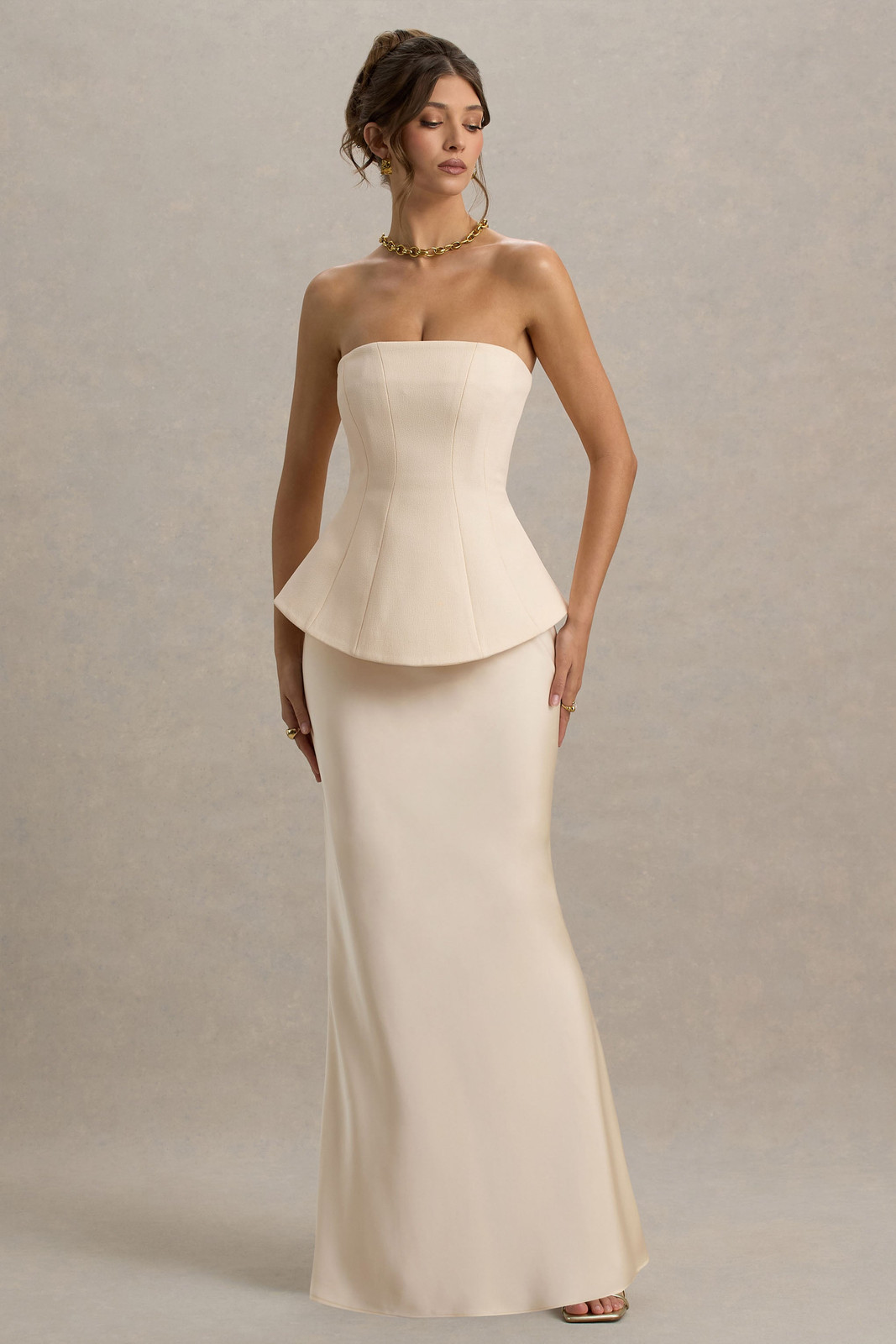 Cream Strapless Corset Dress with Peplum Detail and Straight Skirt Cream Strapless Corset Dress with Peplum Detail and Straight Skirt — Corset Prom Dresses 2027