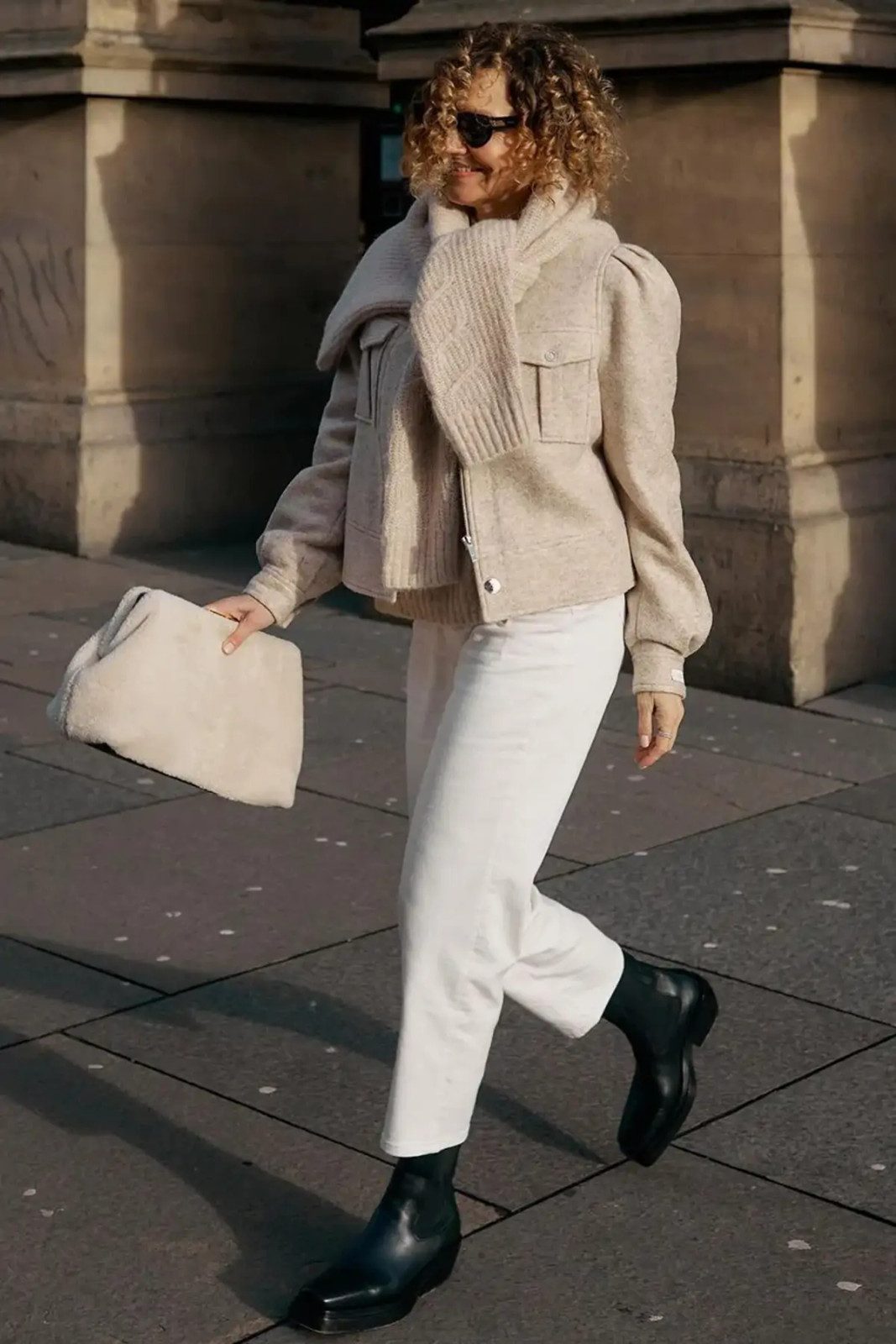 Cozy Chic: White Straight-Leg Jeans with Chunky Knit Scarf Cozy Chic: White Straight-Leg Jeans with Chunky Knit Scarf — White Jeans Outfits 2027