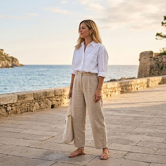 Beige Linen Trousers Styled with White Linen Shirt and Tan Sandals Beige Linen Trousers Styled with White Linen Shirt and Tan Sandals — Linen Shorts Outfits 2027