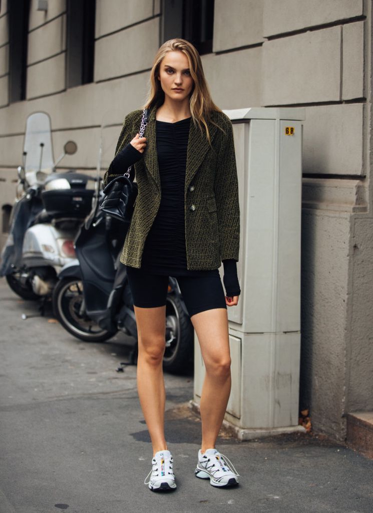 Olive Green Blazer and Biker Shorts with Running Sneakers Olive Green Blazer and Biker Shorts with Running Sneakers — White Sneakers Outfits 2027