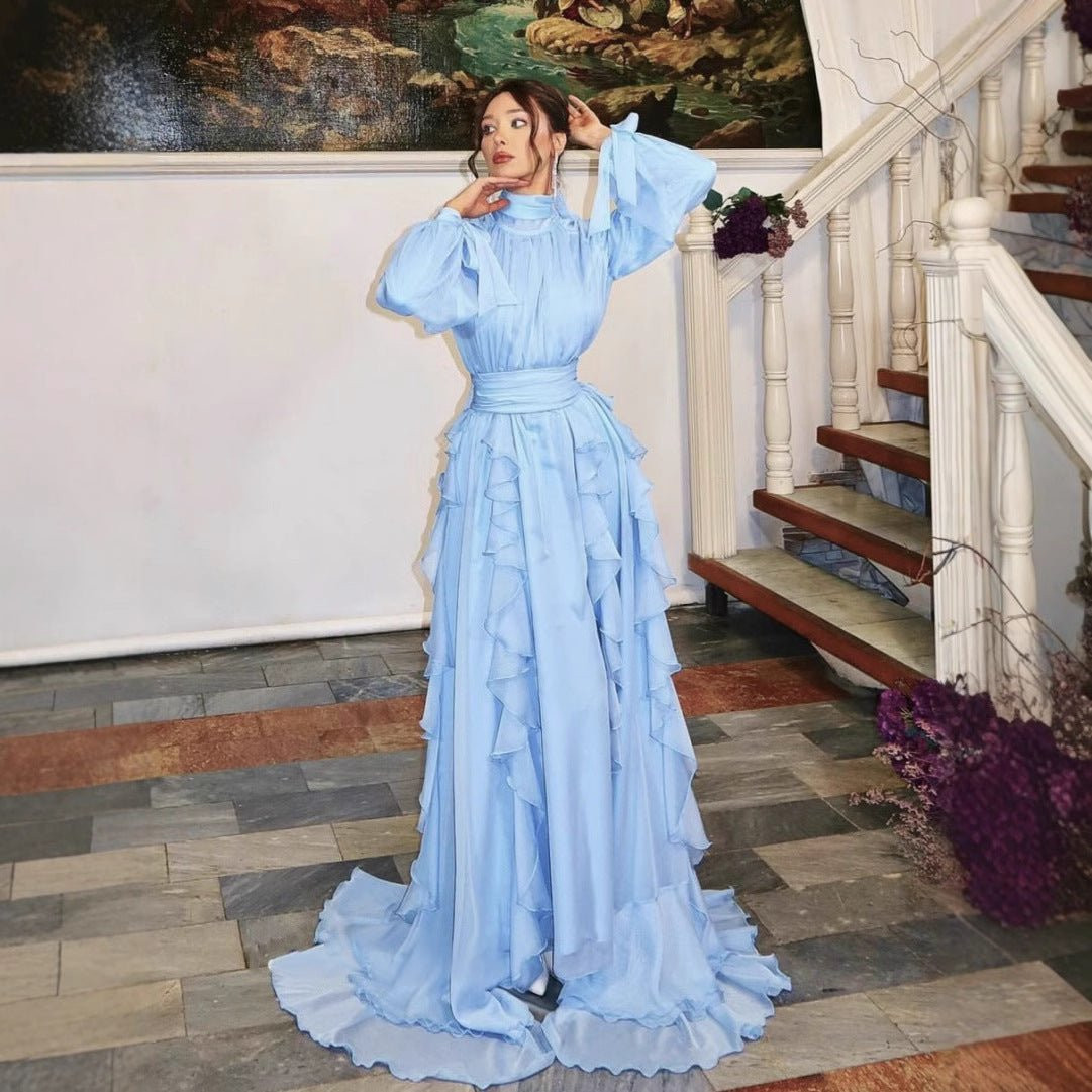Light Blue Chiffon Flowy Tiered Dress with High Neckline Light Blue Chiffon Flowy Tiered Dress with High Neckline — Tiered Dresses 2027