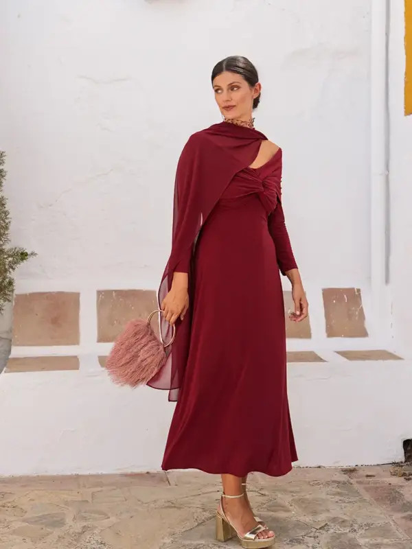 Maroon Jersey Dress with Chiffon Overlay and Furry Clutch Maroon Jersey Dress with Chiffon Overlay and Furry Clutch — Wedding Guest Outfits Cocktail 2027