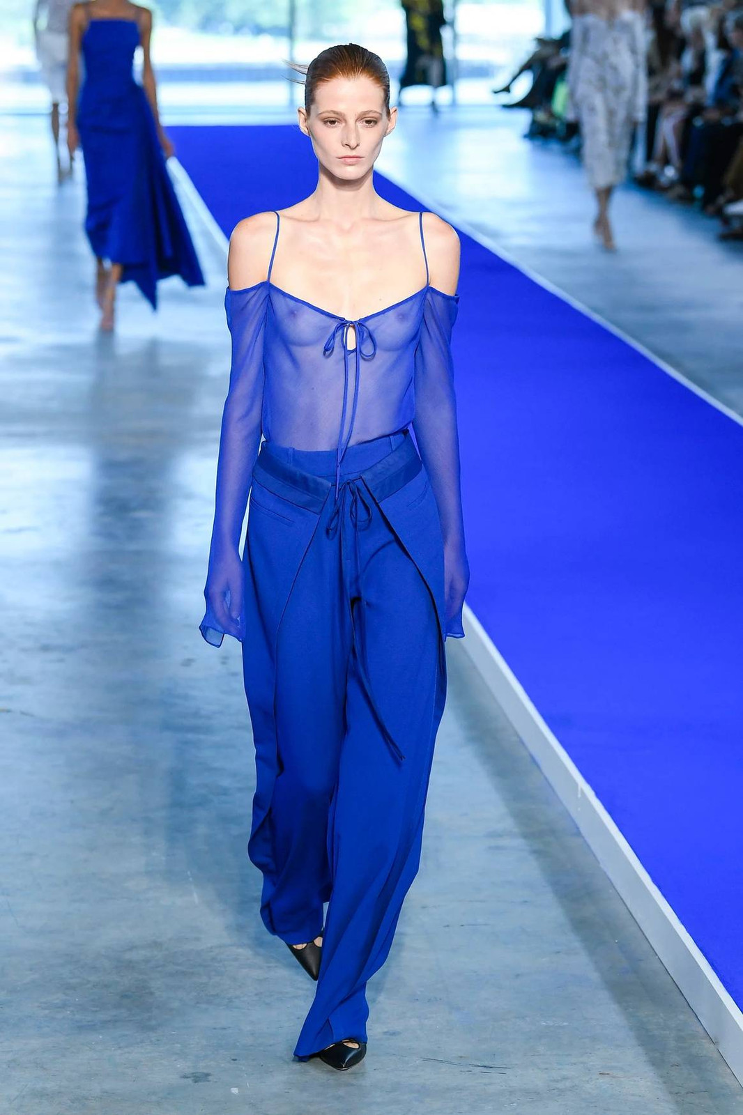 Sheer Cobalt Blue Off-Shoulder Top with Wide-Leg Pants for Evening Sheer Cobalt Blue Off-Shoulder Top with Wide-Leg Pants for Evening — Cobalt Blue Outfits 2027