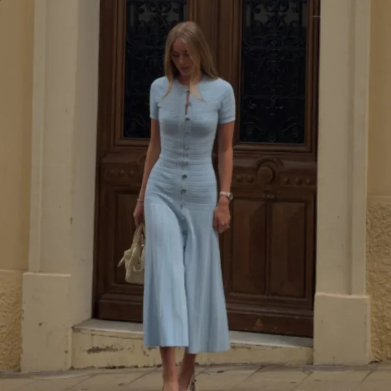 Baby Blue Knitted Midi Dress with Button-Front Detail for Casual Chic Baby Blue Knitted Midi Dress with Button-Front Detail for Casual Chic — Baby Blue Outfits 2027