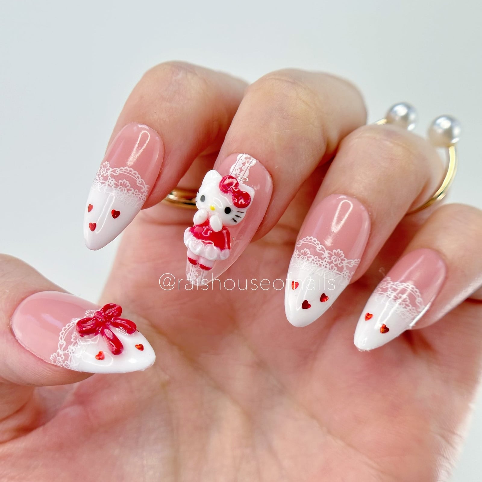 Sheer Pink Almond Nails with Lace and Hearts Sheer Pink Almond Nails with Lace and Hearts — 3D Hello Kitty Nails 2027