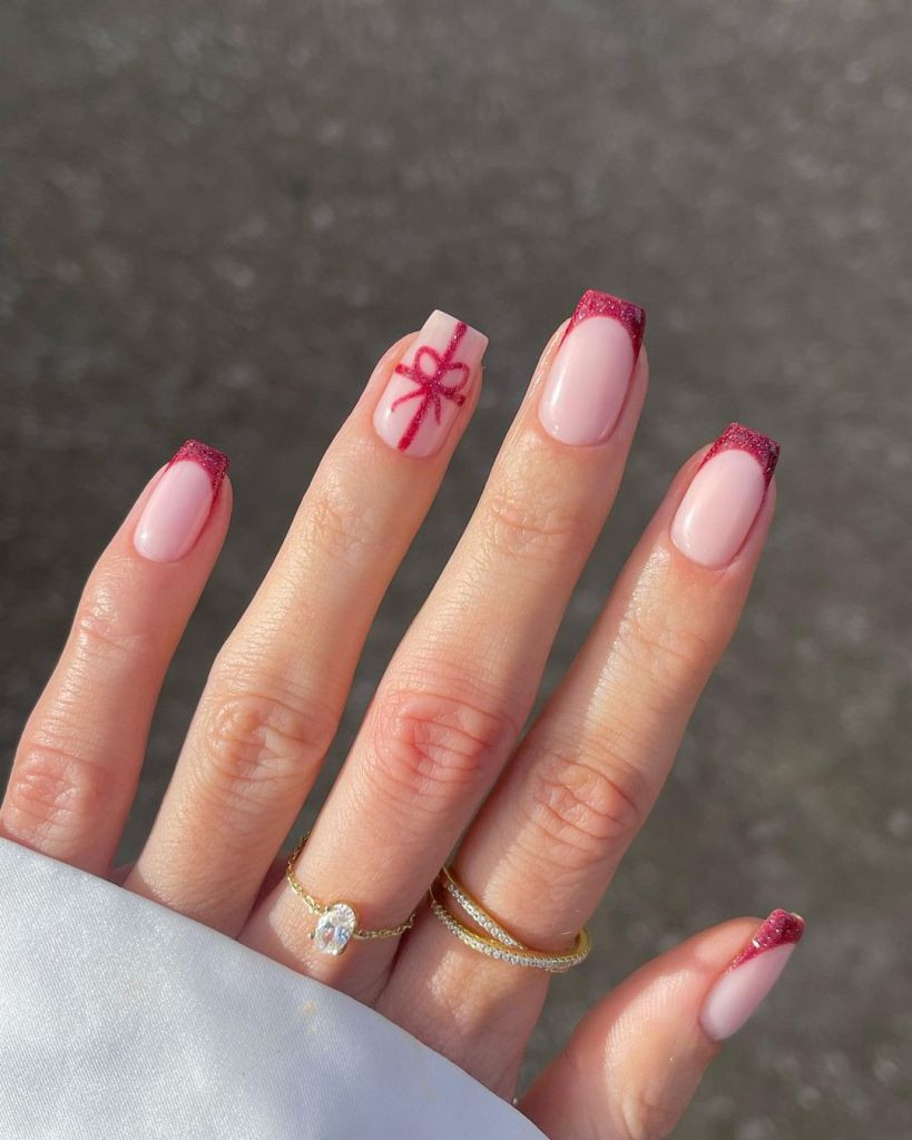 Red Glitter Bow French Tip Square Nails Red Glitter Bow French Tip Square Nails — Winter French Tip Nails 2027