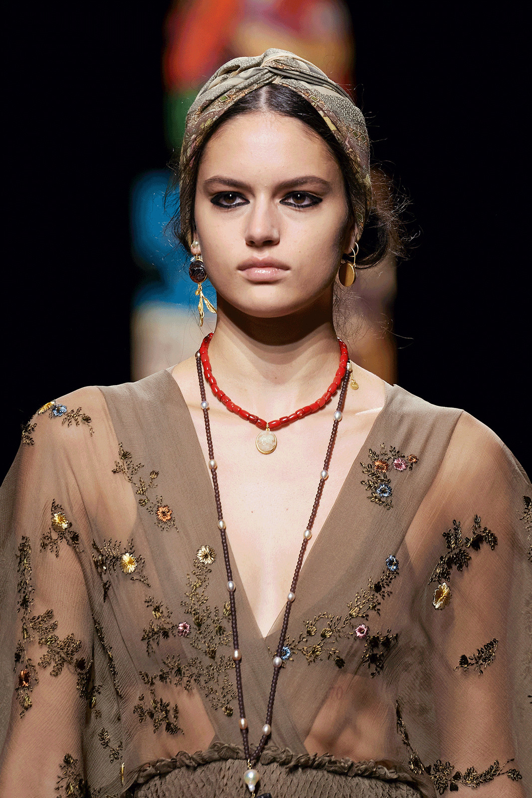 Sheer Taupe Embroidered Dress with Layered Red Beads and Pearls Sheer Taupe Embroidered Dress with Layered Red Beads and Pearls — Locket Necklaces 2027