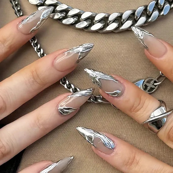 Long Silver Liquid Chrome Stilettos Long Silver Liquid Chrome Stilettos — Almond Press On Nails 2027