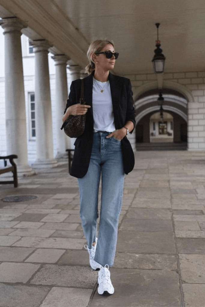 Black Blazer with Wide-Leg Jeans and White Sneakers Black Blazer with Wide-Leg Jeans and White Sneakers — Spring Outfits 2027 with Sneakers