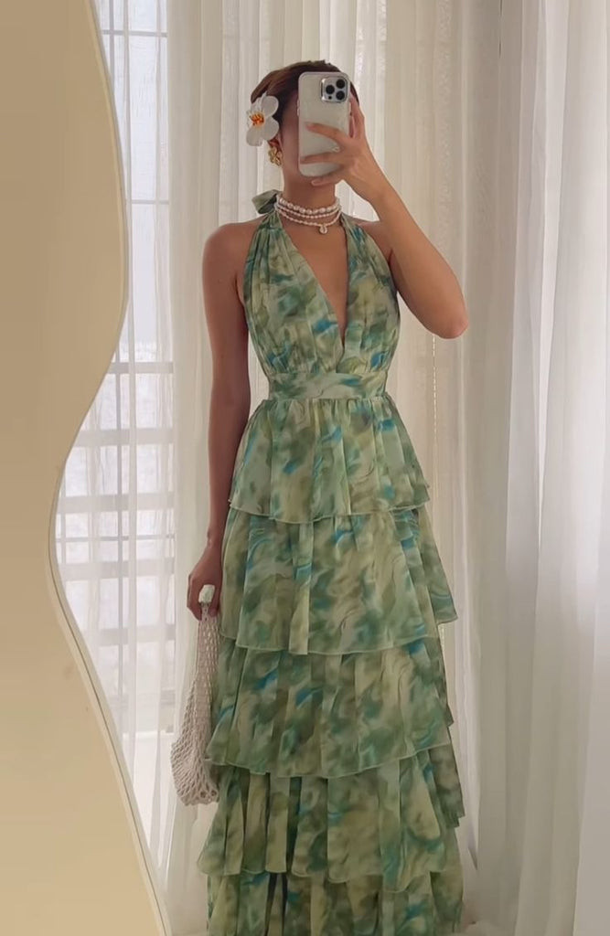 Green and Blue Tie-Dye Tiered Halter Maxi Dress Green and Blue Tie-Dye Tiered Halter Maxi Dress — Tiered Dresses 2027