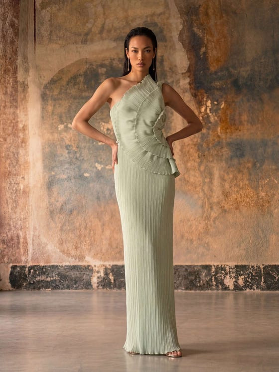 Pale Green One-Shoulder Pleated Dress with Ruffled Detail — Formal Dresses 2027