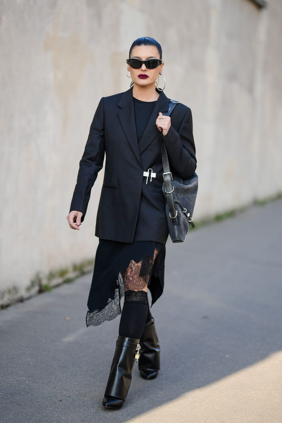 Lace-Trimmed Midi Skirt Under Blazer with Knee-High Boots — Slip Skirt Outfits 2027