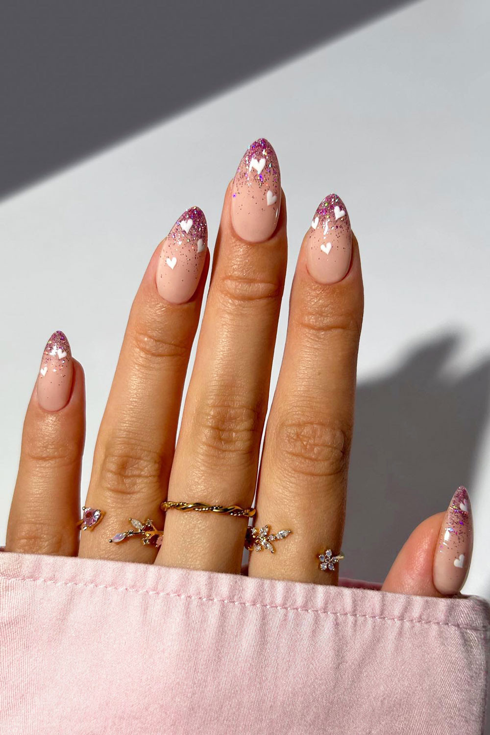 Pink White Glitter Gradient Hearts — Birthday Nails 2027